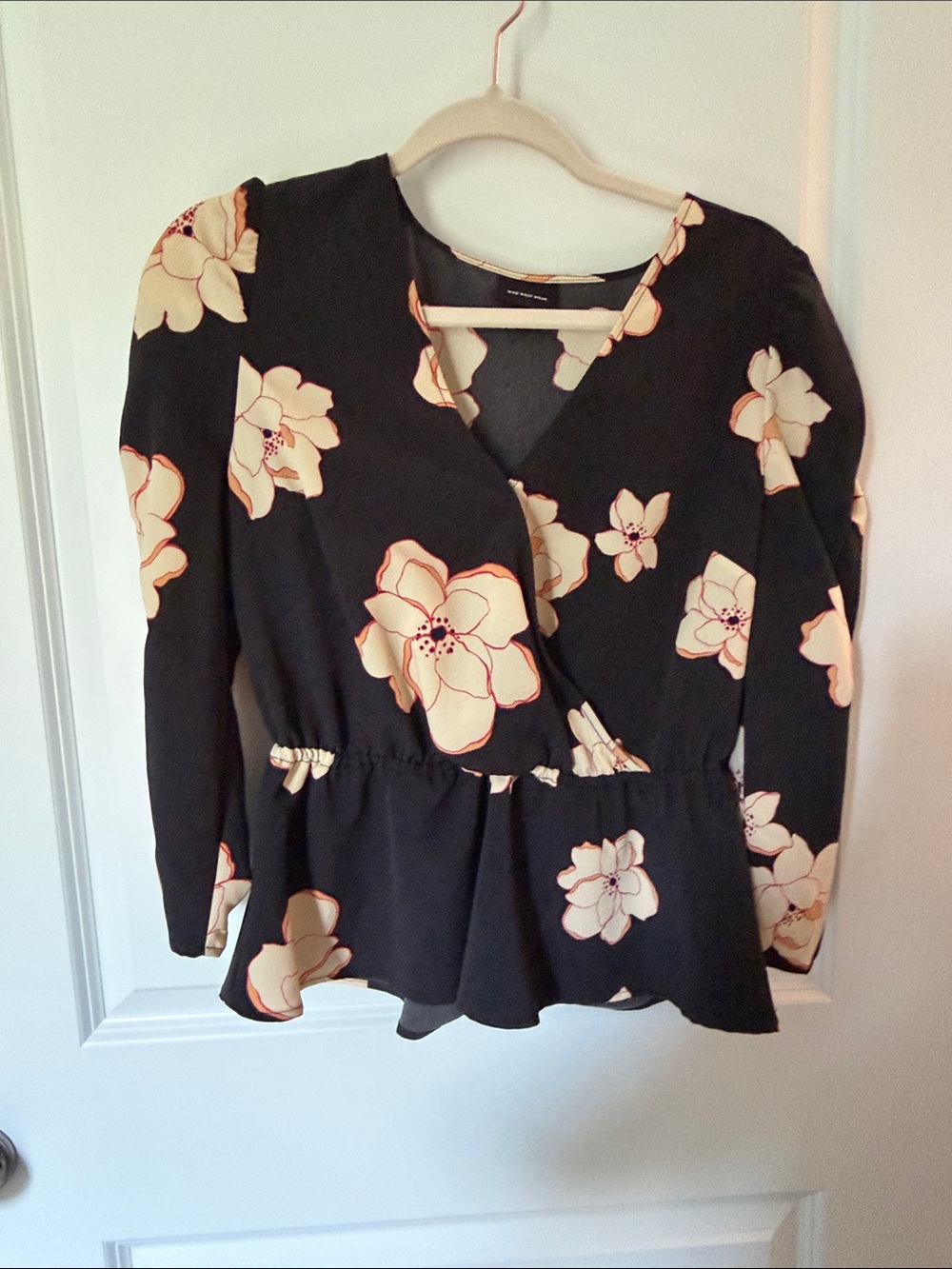 Who What Wear Black Floral Wrap Peplum Top